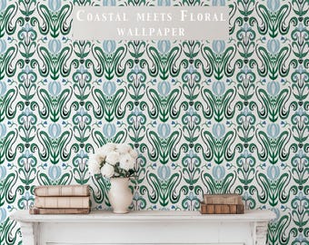 Botanical Green and Blue Floral Wallpaper - Peel and Stick or Traditional Rolls -  Coastal Tulip Pattern for Home - Classic