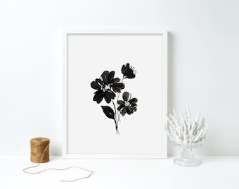 Estampa floral em preto e branco – Arte minimalista em tinta sumi (Download digital)