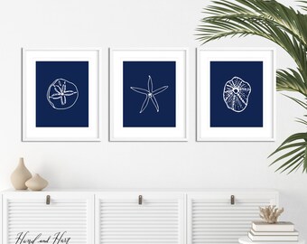 Coastal Wall Art, Printable, Set of Three, Seashell Digital Download, Nautical Prints, Sand Dollar, starfish, 8x10, 16x20, navy, ocean beach