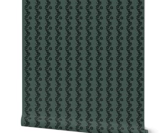 Scallop Stripe Floral Wallpaper - Tone on Tone Forest Green, Navy Slate Blue, Yellow, or Blush Pink - Removable options - Girls bedroom Idea