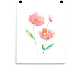 Pink Watercolor Floral, Poppy Painting 8x10, Blush Pink, Pink Nursery decor, Pink Poppies, Pink Flowers, Floral Wall Art, Girl Nursery Art