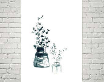 Blue Floral Watercolor Art Print, Monochromatic Bouquet (8x10)