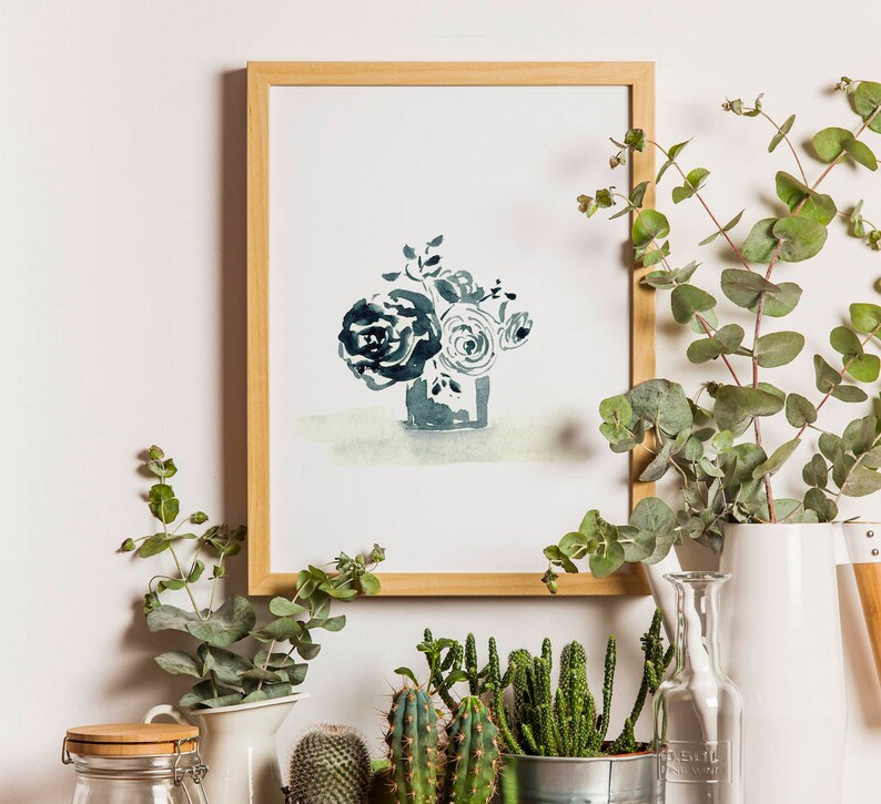 Watercolor Print Blue and White Wall Art, Minimal Art in Blue Flower