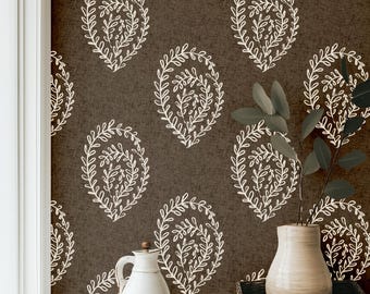Block Print Paisley Wallpaper - Peel and Stick, Removable, or Vinyl Wallpaper for Dining Room or Bedroom - Brown, Blue, Cream, Black or Clay