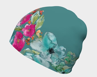 Teal Floral Slouchy Beanie – Lightweight Soft Hat