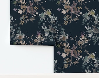Dark Floral Wallpaper Roll - Navy Blue - Watercolor Moody Flowers - Removable