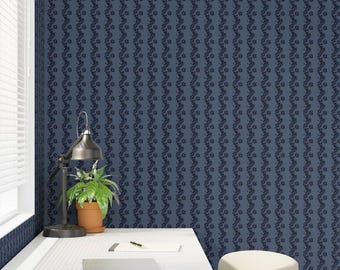 Scallop Stripe Floral Wallpaper Roll - Two Tone in Forest Sage Green, Navy Slate Blue, Sunny Yellow, or Blush Pink - Petite Flowers
