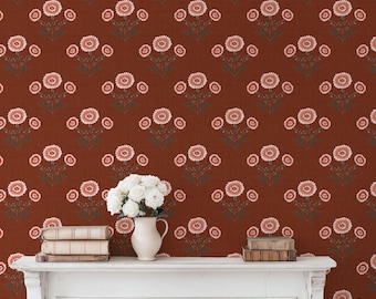 Red Floral Wallpaper / Black Floral - Peel and Stick or Removable or Vinyl roll - Block Print Wildflower - French Country Marigold Wallpaper