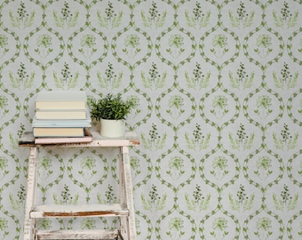 French Country Floral Wallpaper for Bedrooms - Vintage Neutral Peel and Stick Removable Cream Beige Botanical Wildflower Ogee - Sage Green