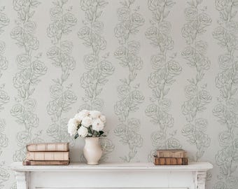 Sage Green Floral Wallpaper – Vintage Cottagecore Roses Wall Covering (Peel and Stick and more options) - Green and Cream Trailing Garden