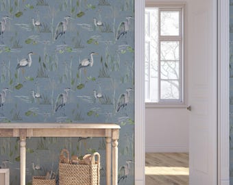 Vintage Blue Herons Wallpaper - Watercolor Slate Blue Gray Large Scale Birds Botanical - Coastal Peel and Stick and Removable options