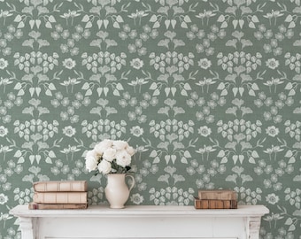 Sage Green Block Print Wallpaper Floral - Farmhouse Cottage Peel and Stick - Botanical Peel and Stick for Walls, Hand Painted Design