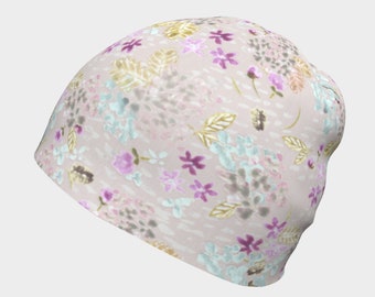 Flower Print Slouchy Hat for Women or Girl, Pastel Floral Beanie, Hat for Alopecia, Cancer Gift, Soft Feminine Hat, Chemo Hair loss Beanie