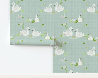 Swans Wallpaper - White Birds on Pastel - Girls Nursery Wallpaper Rolls - Cottagecore Charm
