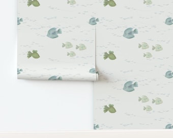 Watercolor Fish Peel and Stick Wallpaper - Minimal Nautical Lake House Decor - Coastal -  - Lake Life - Underwater for Kids Room