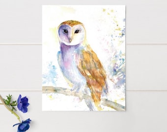 Barn Owl Watercolor Painting, night owl print, bird print, woodland wall art, bird illustration, owls, woodland animal, forest cottage decor