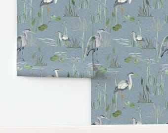 Vintage Blue Herons Wallpaper - Watercolor Slate Blue Gray Large Scale Birds Botanical - Coastal Southern Style - Removable Peel and Stick