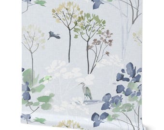 Blue Herons on the Marsh Wallpaper - Watercolor Birds Botanical Wallpaper Rolls - Coastal Southern