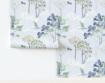 Blue Herons on the Marsh Wallpaper - Watercolor Birds Botanical Wallpaper Rolls - Coastal Southern Powder Blue Bathroom or Bedroom - Toile