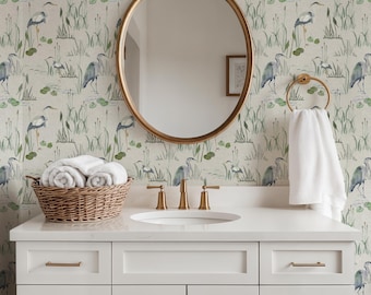 Blue Herons Wallpaper for Bathroom - Beige and Cream Peel and Stick - Muted Large Birds Botanical for Lake house - Coastal - Removable