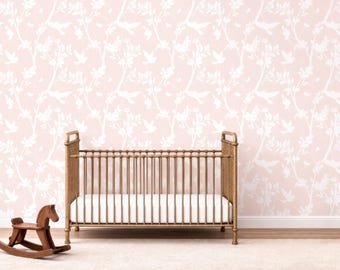 Soft Pink Chinoiserie Wallpaper for girls bedroom - Floral Birds and Butterflies - French Country Style (Peel and Stick and more options)