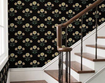 Red Floral Wallpaper - Black Floral - Peel and Stick or Prepasted or Vinyl rolls - Botanical Wildflower - French Country Marigold Wallpaper
