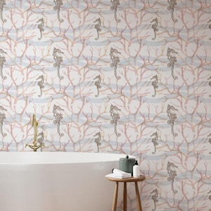 Watercolor Seahorses in Ocean Waves Wallpaper - Coastal Peel and Stick or Prepasted or Vinyl rolls. Nautical bathroom and bedroom walls