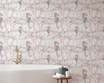 Seahorses in Ocean Waves Wallpaper for Bedroom or Bathroom Walls. Coastal Peel and Stick or Prepasted or Vinyl rolls. Nautical