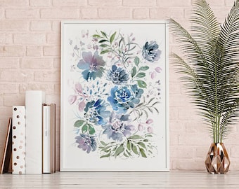 Watercolor Giclee of Wildflowers - Large Flower Print, Maximalist Floral Art, Floral Large Wall Art, Blue and purple, 16x20 print, 11x14