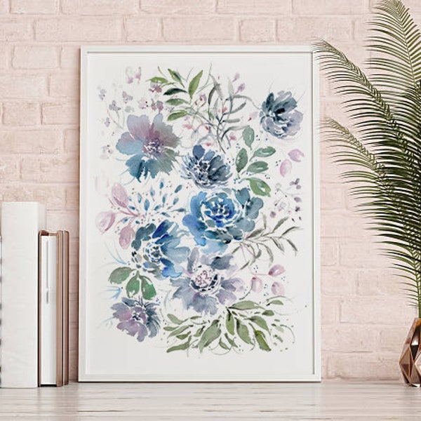 Watercolor Giclee of Wildflowers - Large Flower Print, Maximalist Floral Art, Floral Large Wall Art, Blue and purple, 16x20 print, 11x14