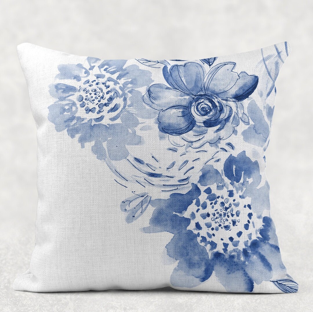 Blue and White Floral Pillow Cover Light Denim Blue Pillow Etsy