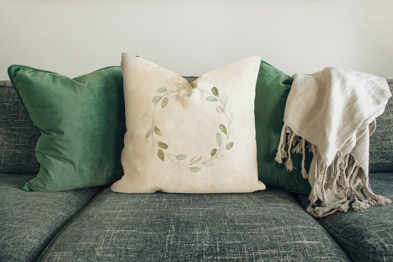 Modern Farmhouse Decorative Pillow Cover, 18 X 18 Green Wreath Pillow