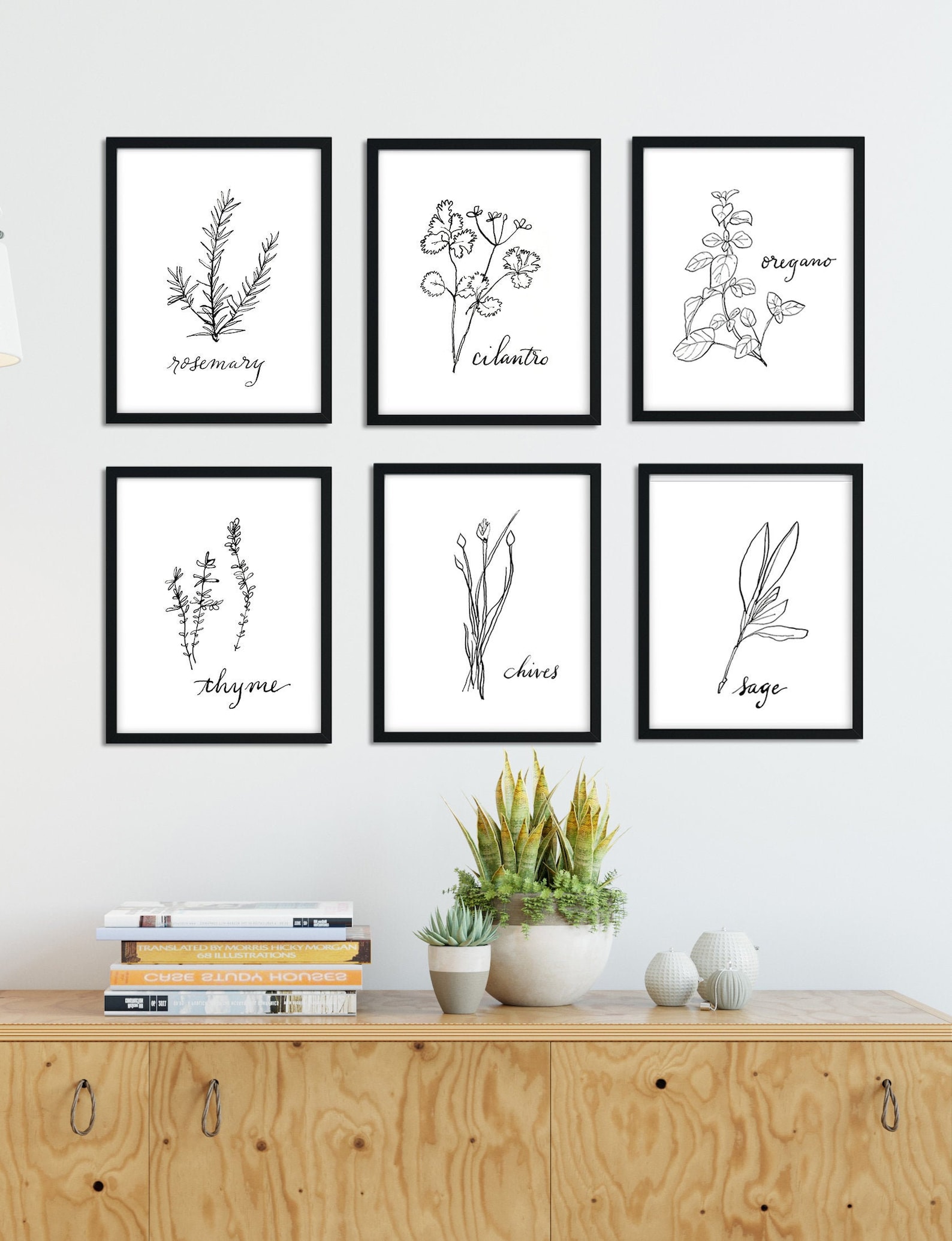 Herb Prints, Black and White Kitchen Decor, Botanical Illustration