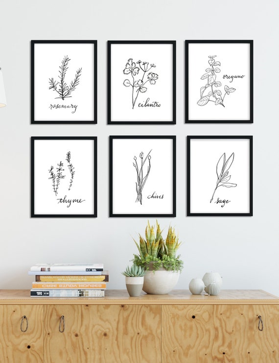 Set of 6 Herb Prints Black and White Kitchen Printable Art | Etsy
