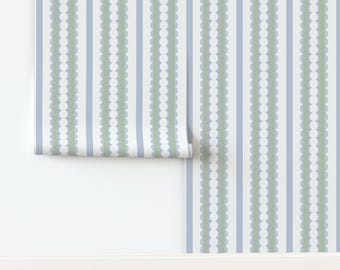 Blue and Green Baby Nursery Scalloped Stripe Wallpaper - Also Pink and Green - Retro Vertical Stripe Design for Kids, Boy or Girl Room.