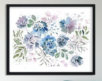 16x20 Floral Print - Large watercolor painting, Wildflowers Flower Print, Maximalist Floral Wall Art, Living room wall art, Blue and purple