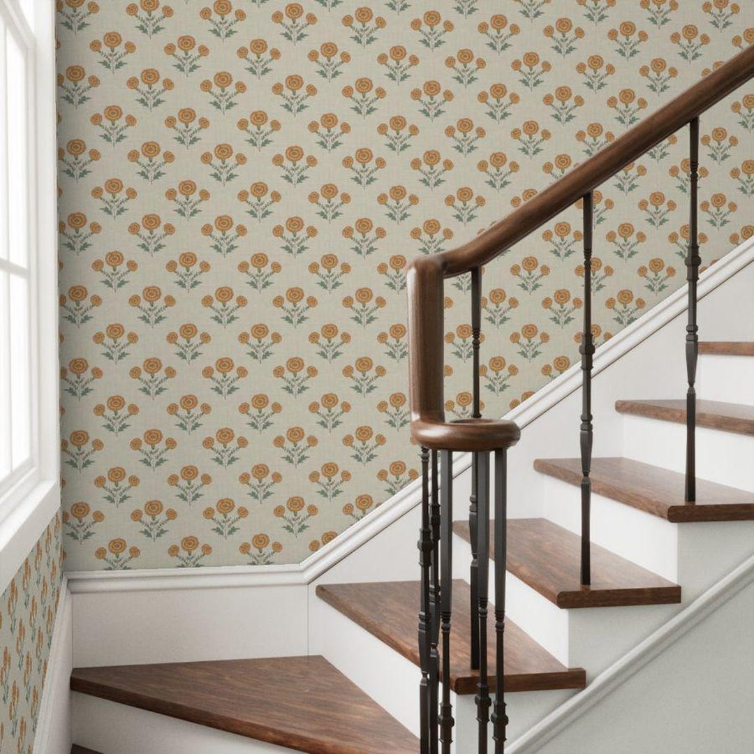 Retro Marigold Wallpaper - Yellow Floral - Blue Floral - Peel and Stick ...