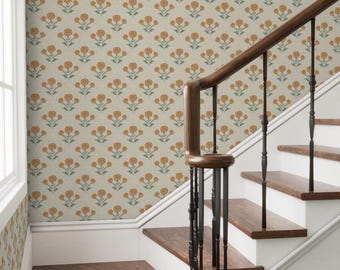 Retro Marigold Wallpaper - Yellow Floral - Blue Floral - Peel and Stick or Prepasted or Vinyl rolls - Botanical Wildflower