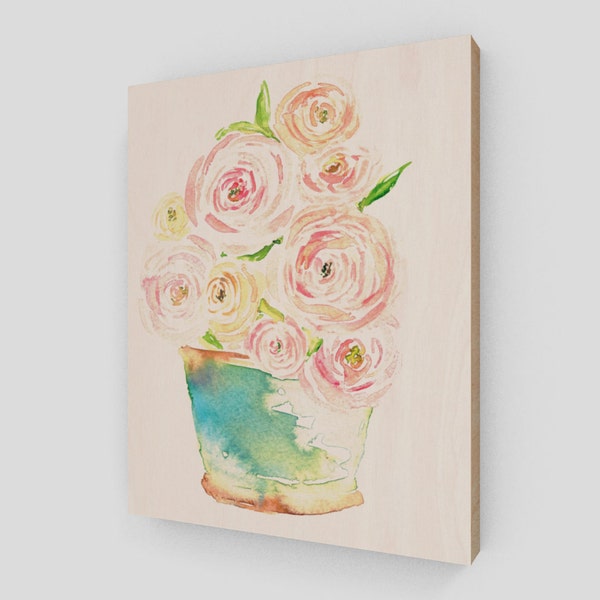 Pink Watercolor Floral - Wood Wall Print, Ranunculus painting, Ready to Hang Wall Art 11x14, Farmhouse Decor, Floral Wood Sign, Shabby Chic