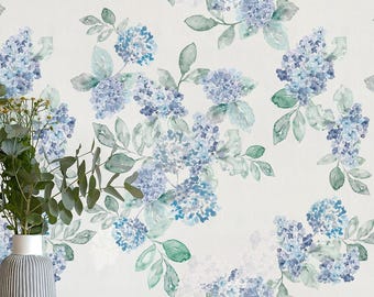 Vintage watercolor hydrangea floral - removable wallpaper in blue and green.  Peel & stick  English country style wallpaper rolls