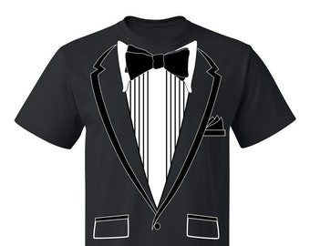 Tuxedo (Black) with Pocket Square Men's T-shirt | Party Prom Funny Anniversary Graduation Wedding Engagement Halloween Costume Accessory