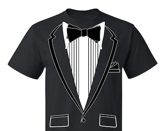 Tuxedo (Black) with Pocket Square Men's T-shirt | Party Prom Funny Anniversary Graduation Wedding Engagement Halloween Costume Accessory