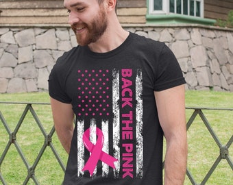 Back The Pink Breast Cancer Shirt For Men & Women, US American Flag Graphic Tee, Pink Ribbon Shirt For Strong Men Women October Patriotic