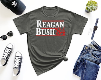Reagan Bush '84 (Red and White) Men's T-shirt | Retro 80's Theme Party Best Duo Republican Conservative Leader Cold War Halloween Costume