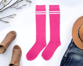 Knee High Women's Girls' Athletic Novelty Socks With Two Stripes | Team Group Soccer Sports Halloween Costume Cosplay Colorful Accessory