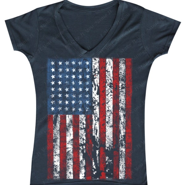 Distressed American Flag - Ladies' V-neck