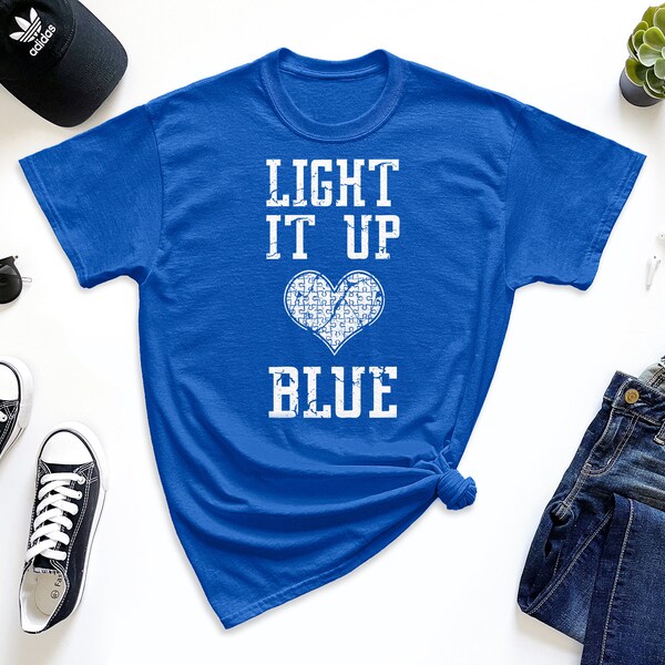 Light It Up Blue Autism Awareness Blanco / Heart Puzzle Pieces Camiseta de hombre
