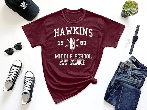 Hawkins Middle School AV Club White - Maroon Men's T-shirt | Halloween Costume Gear Accessory Horror Sci-Fi TV Show