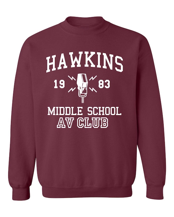 Hawkins Middle School AV Club White - Maroon Crewneck Sweatshirt