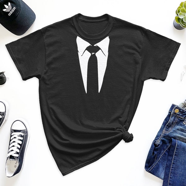 Tie and Suit White Graphic Tuxedo Men's T-shirt | Funny Cool Office Worker Corporate Life Ceremony Gear Accessory Casual Easy Outfit